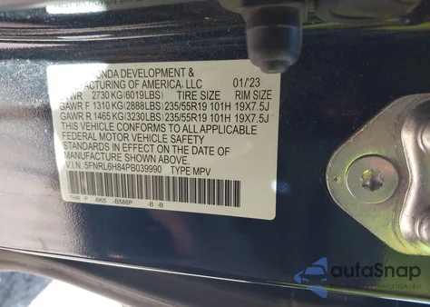 2023 Honda Odyssey Touring from USA, damaged, VIN 5FNRL6H84PB039990